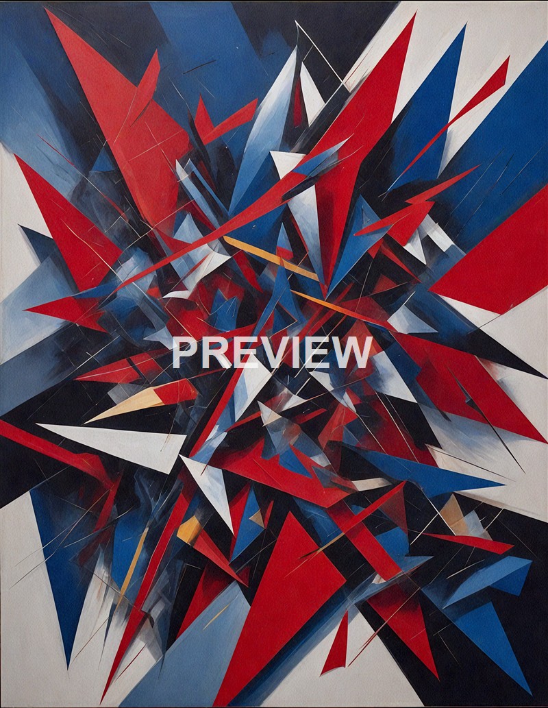An abstract painting featuring sharp, angular shapes in red, blue, black, white, and hints of yellow, creating a dynamic and chaotic composition.
